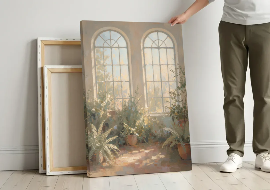 Arched Window Painting with Morning Ferns canvas wall art leaning against a wall next to blank canvases