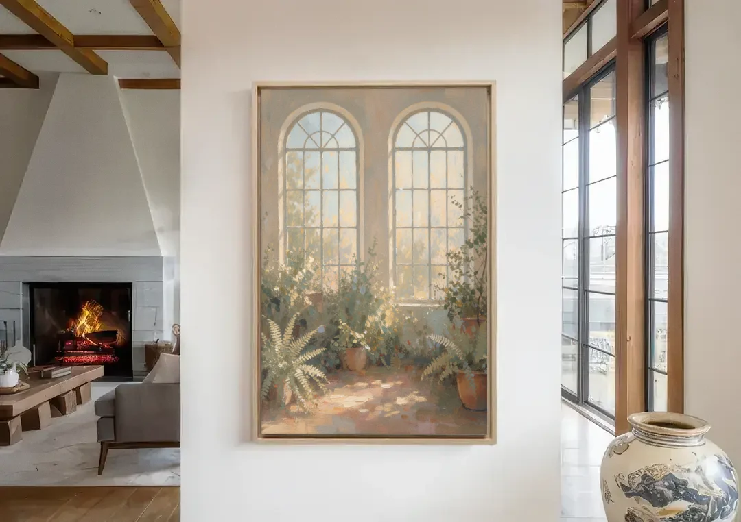 Arched Window Painting with Morning Ferns canvas wall art in a living room with a fireplace