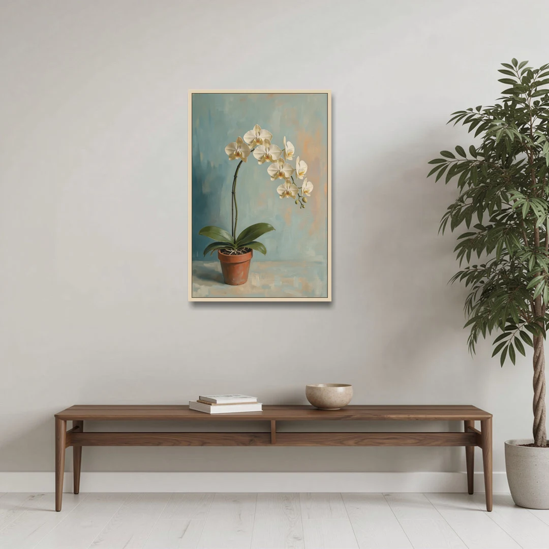 Arching White Moth Orchid Flower - Oak Framed Canvas Wall Art - Coffee Table - 24x36