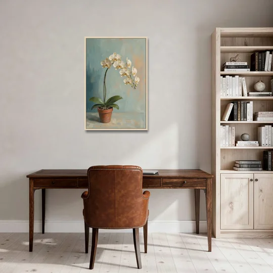 Arching White Moth Orchid Flower - Oak Framed Canvas Wall Art - Office - 24x36