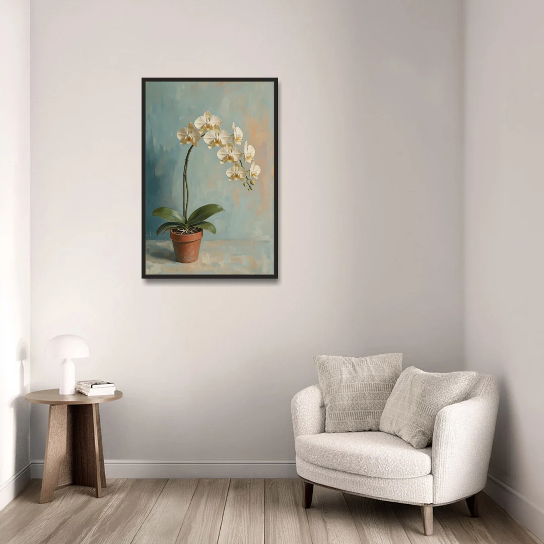 Arching White Moth Orchid Flower - Black Framed Canvas Wall Art - Sofa - 24x36