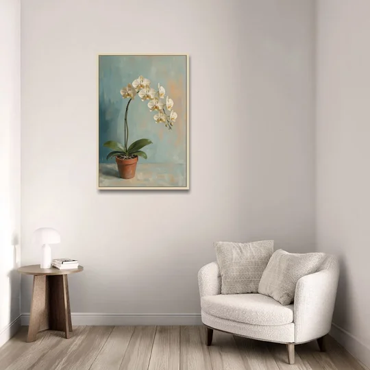 Arching White Moth Orchid Flower - Oak Framed Canvas Wall Art - Sofa - 24x36