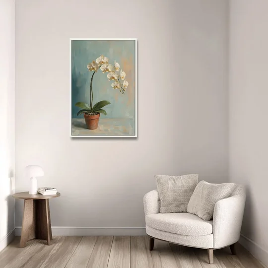 Arching White Moth Orchid Flower - White Framed Canvas Wall Art - Sofa - 24x36