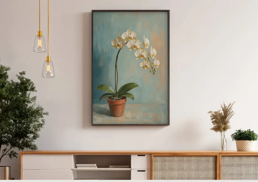 Arching White Moth Orchid Flower canvas wall art above a wooden sideboard under pendant lights