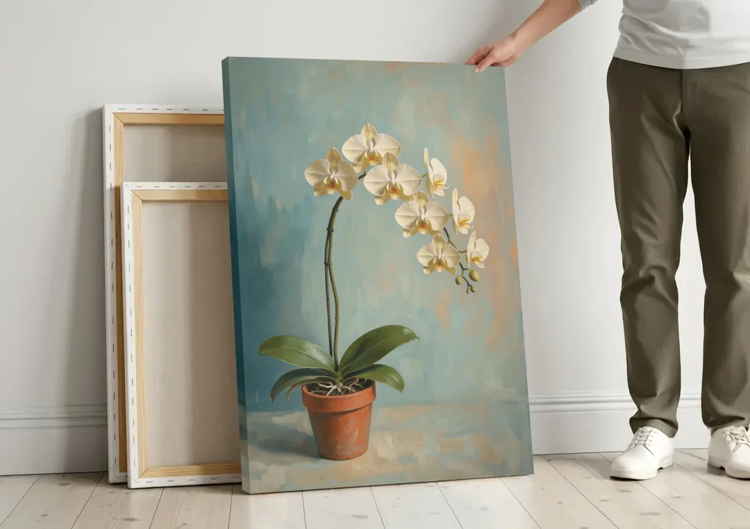 Arching White Moth Orchid Flower canvas wall art leaning against a wall next to blank canvases
