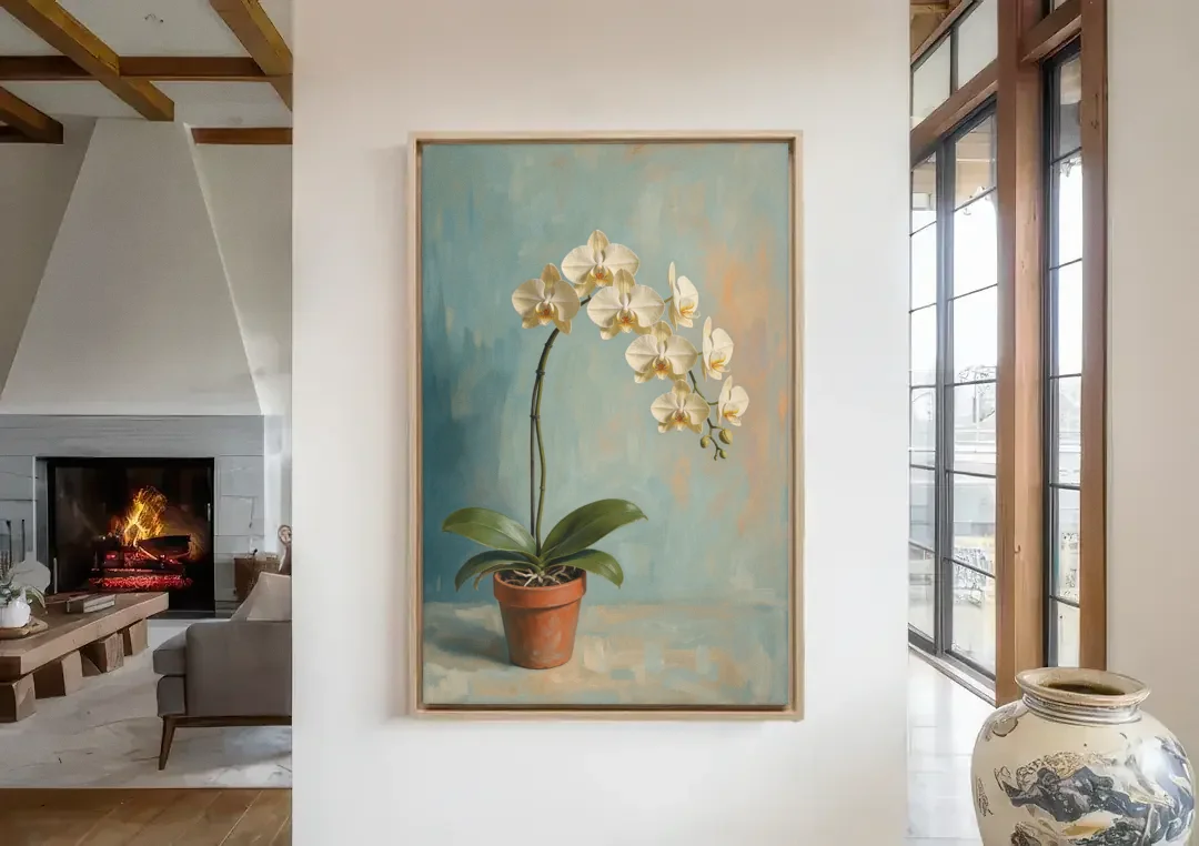 Arching White Moth Orchid Flower canvas wall art in a living room with a fireplace