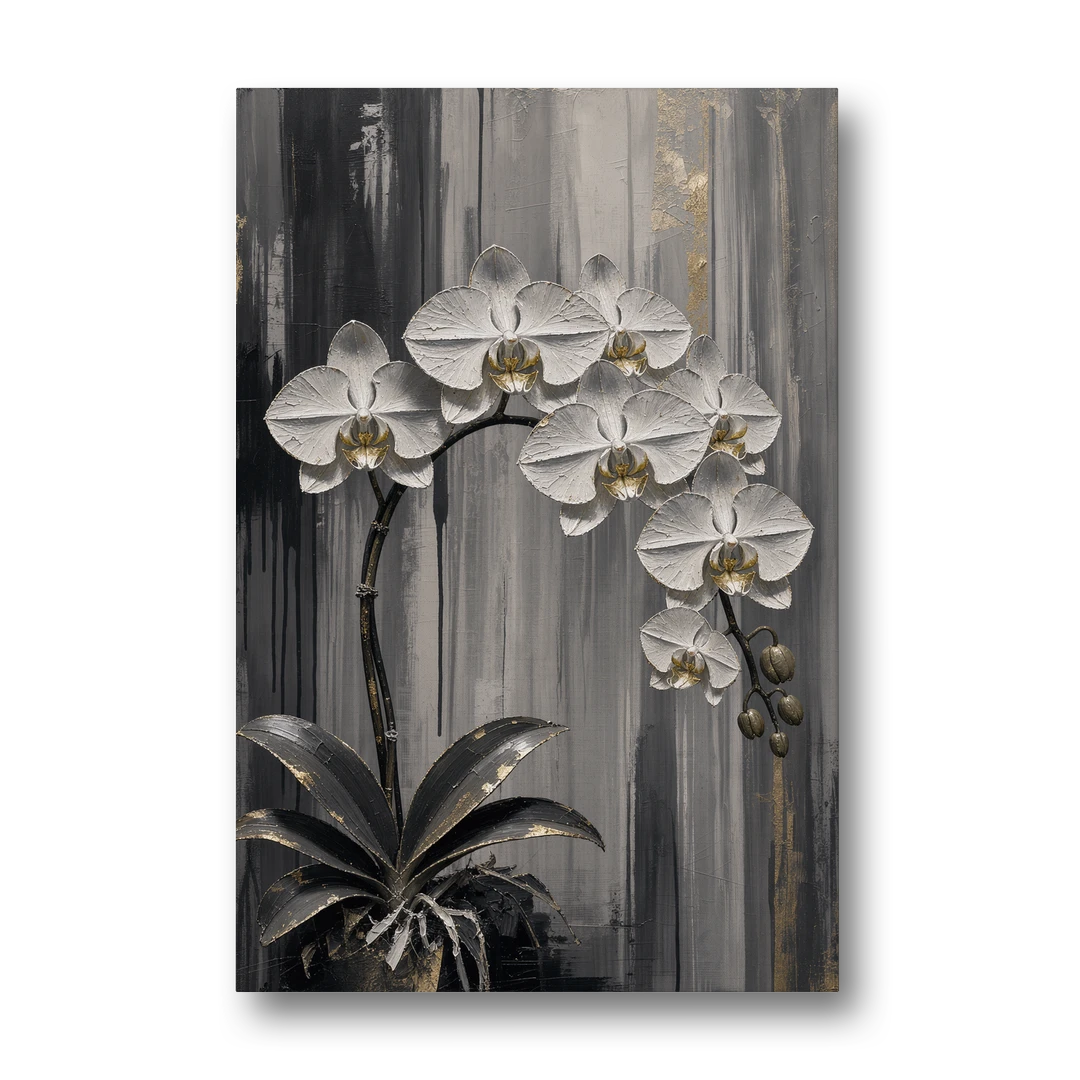 Arching White Orchid Spray with Gold Accents - Canvas Wall Art - Front