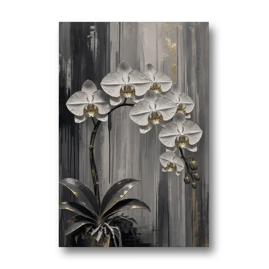 Arching White Orchid Spray with Gold Accents - Canvas Wall Art - Front