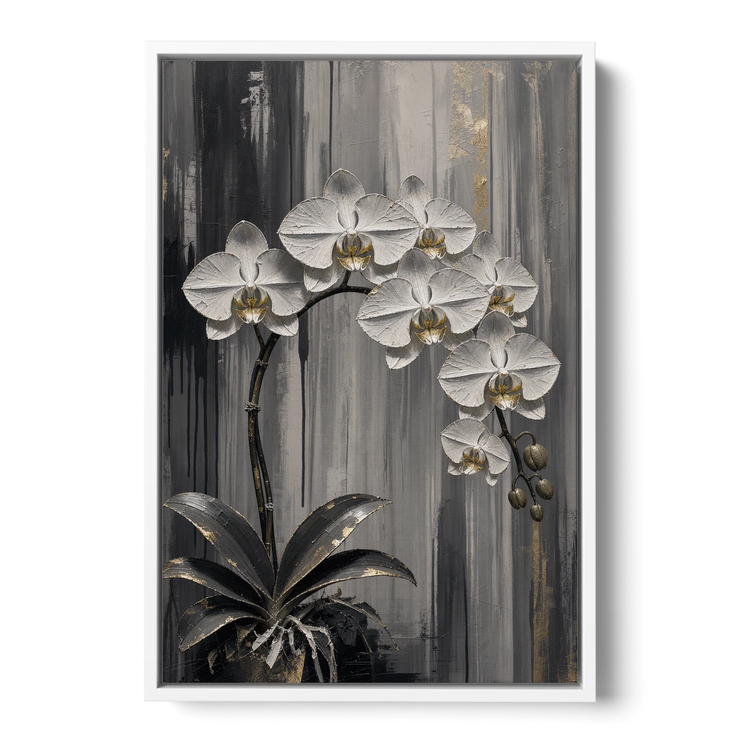 Arching White Orchid Spray with Gold Accents - White Framed Canvas Wall Art - Front