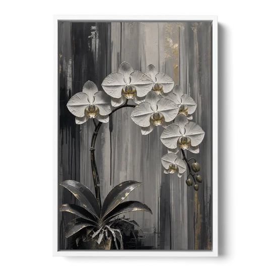 Arching White Orchid Spray with Gold Accents - White Framed Canvas Wall Art - Front