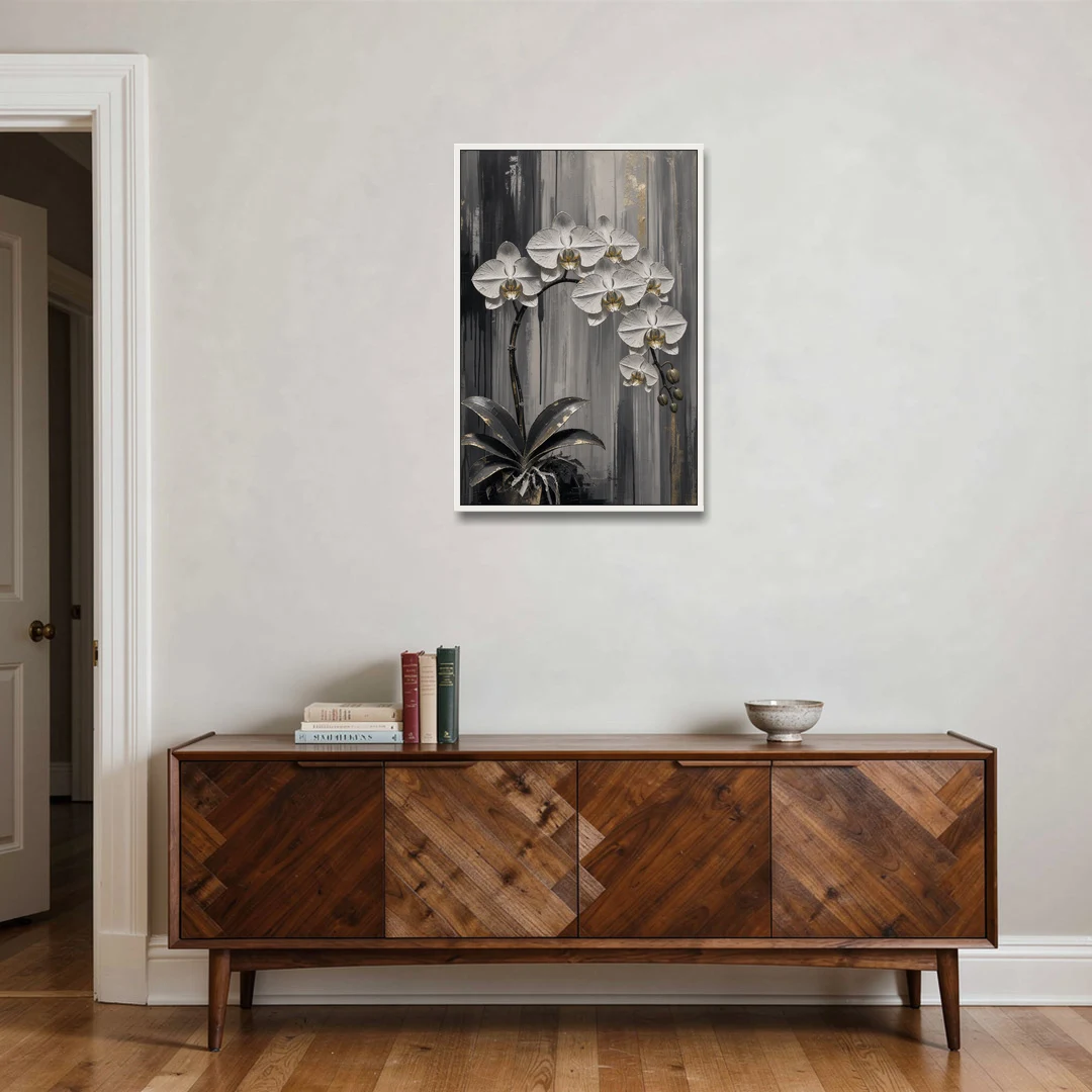 Arching White Orchid Spray with Gold Accents - White Framed Canvas Wall Art - Coffee Table - 24x36