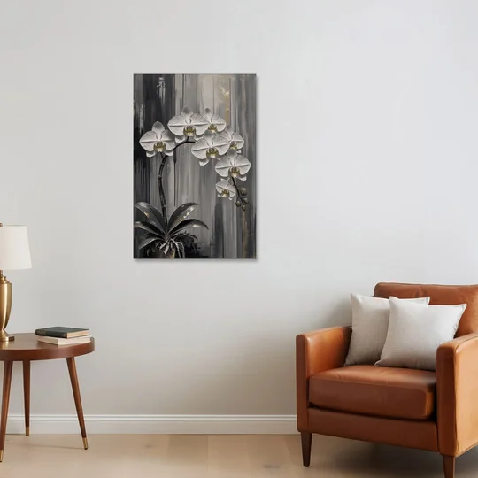 Arching White Orchid Spray with Gold Accents - Canvas Wall Art - Sofa - 24x36