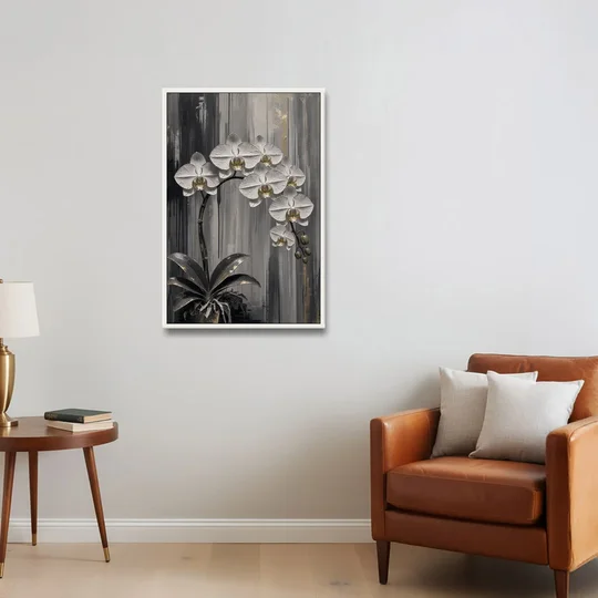 Arching White Orchid Spray with Gold Accents - White Framed Canvas Wall Art - Sofa - 24x36