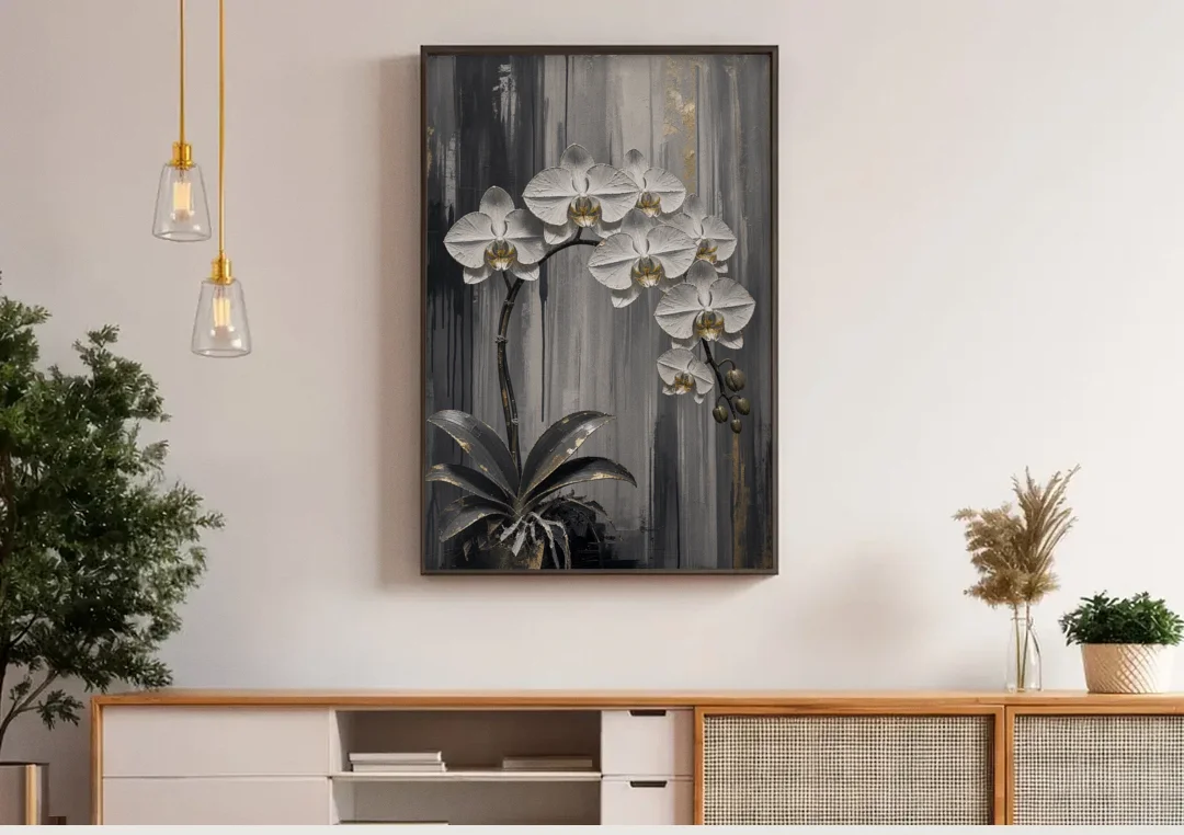Arching White Orchid Spray with Gold Accents canvas wall art above a wooden sideboard under pendant lights