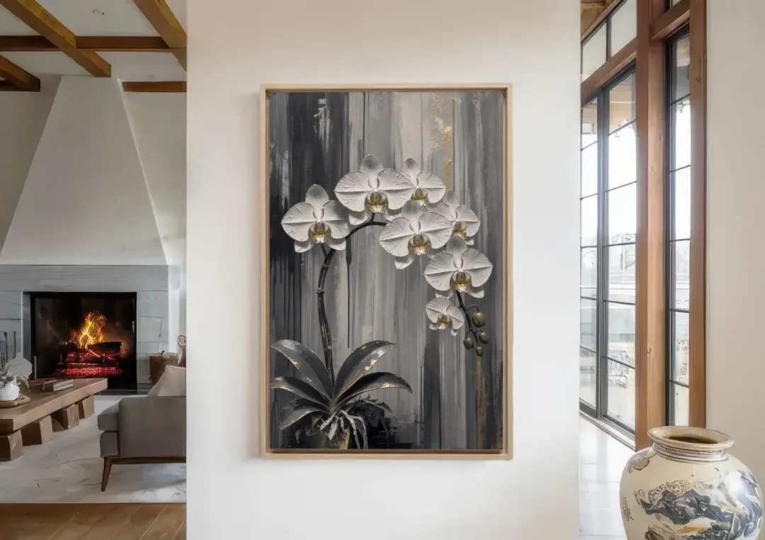 Arching White Orchid Spray with Gold Accents canvas wall art in a living room with a fireplace