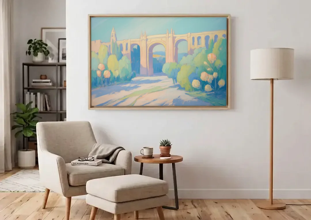 Arcos de Guadalajara canvas wall art above an armchair in a bright living room