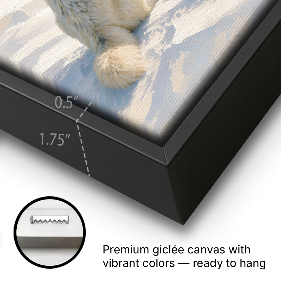 Impressionist Arctic Wolf Glancing Back at Icebergs - Black Framed Canvas Wall Art - Gallery Wrap Corner