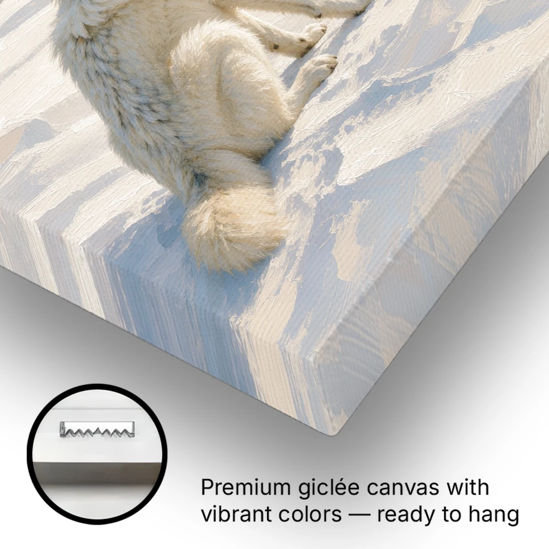 Impressionist Arctic Wolf Glancing Back at Icebergs - Canvas Wall Art - Gallery Wrap Corner