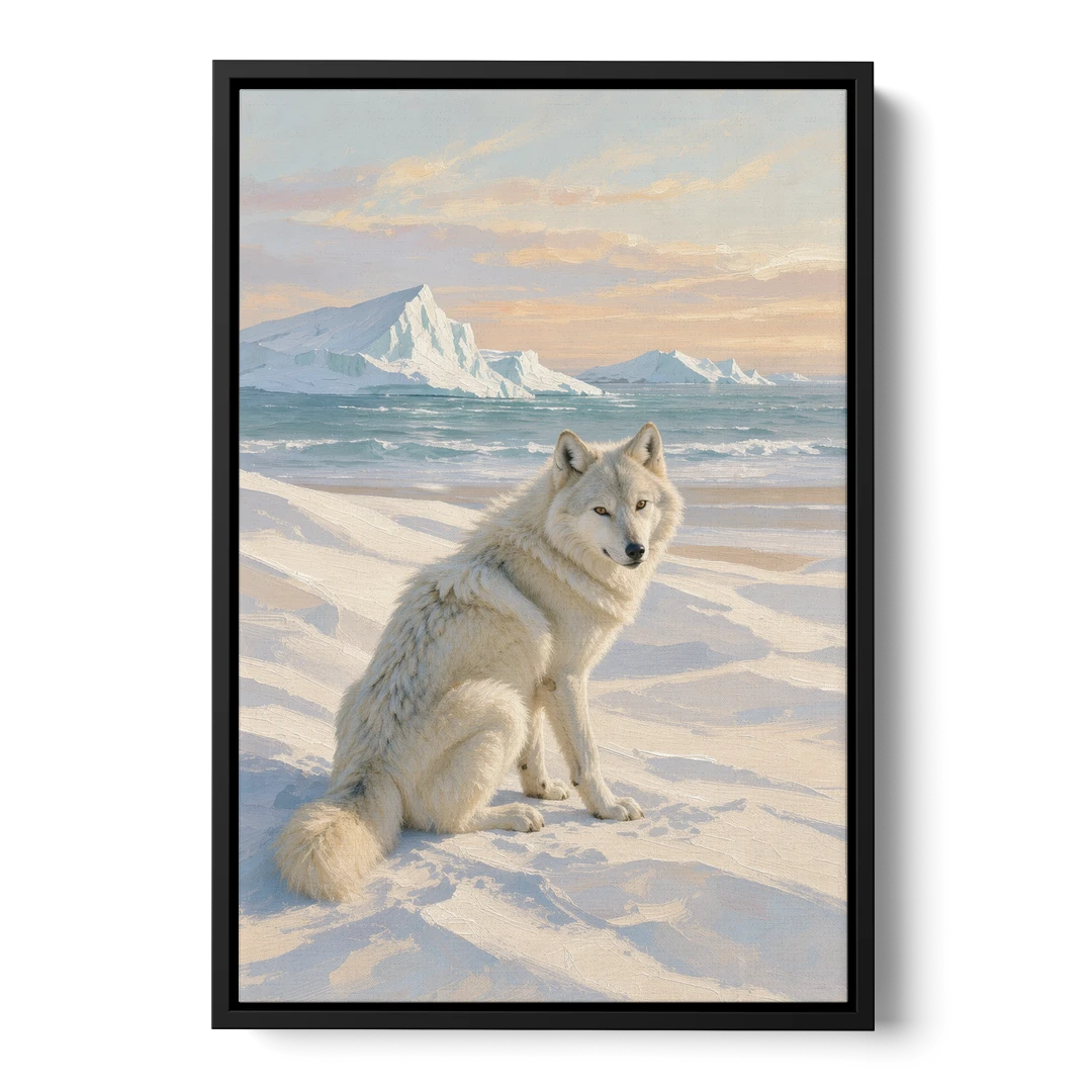 Impressionist Arctic Wolf Glancing Back at Icebergs - Black Framed Canvas Wall Art - Front