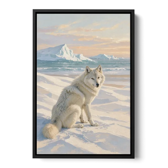 Impressionist Arctic Wolf Glancing Back at Icebergs - Black Framed Canvas Wall Art - Front
