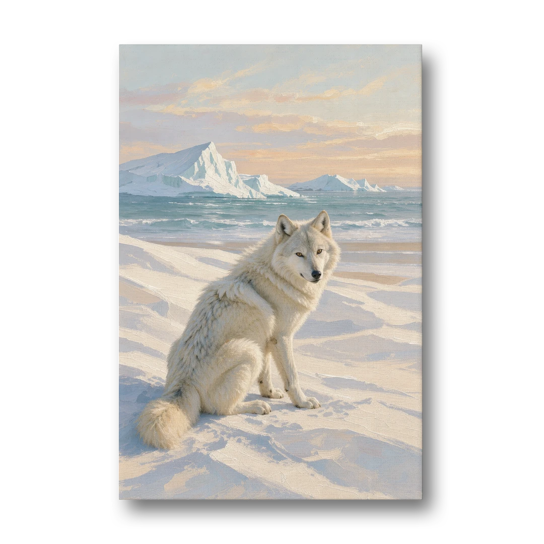 Impressionist Arctic Wolf Glancing Back at Icebergs - Canvas Wall Art - Front