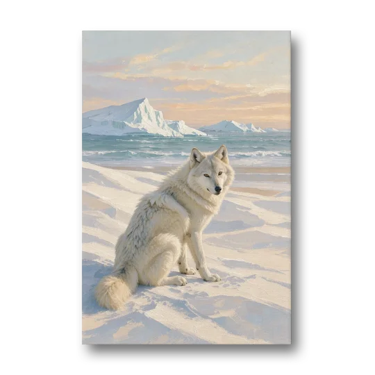 Impressionist Arctic Wolf Glancing Back at Icebergs - Canvas Wall Art - Front