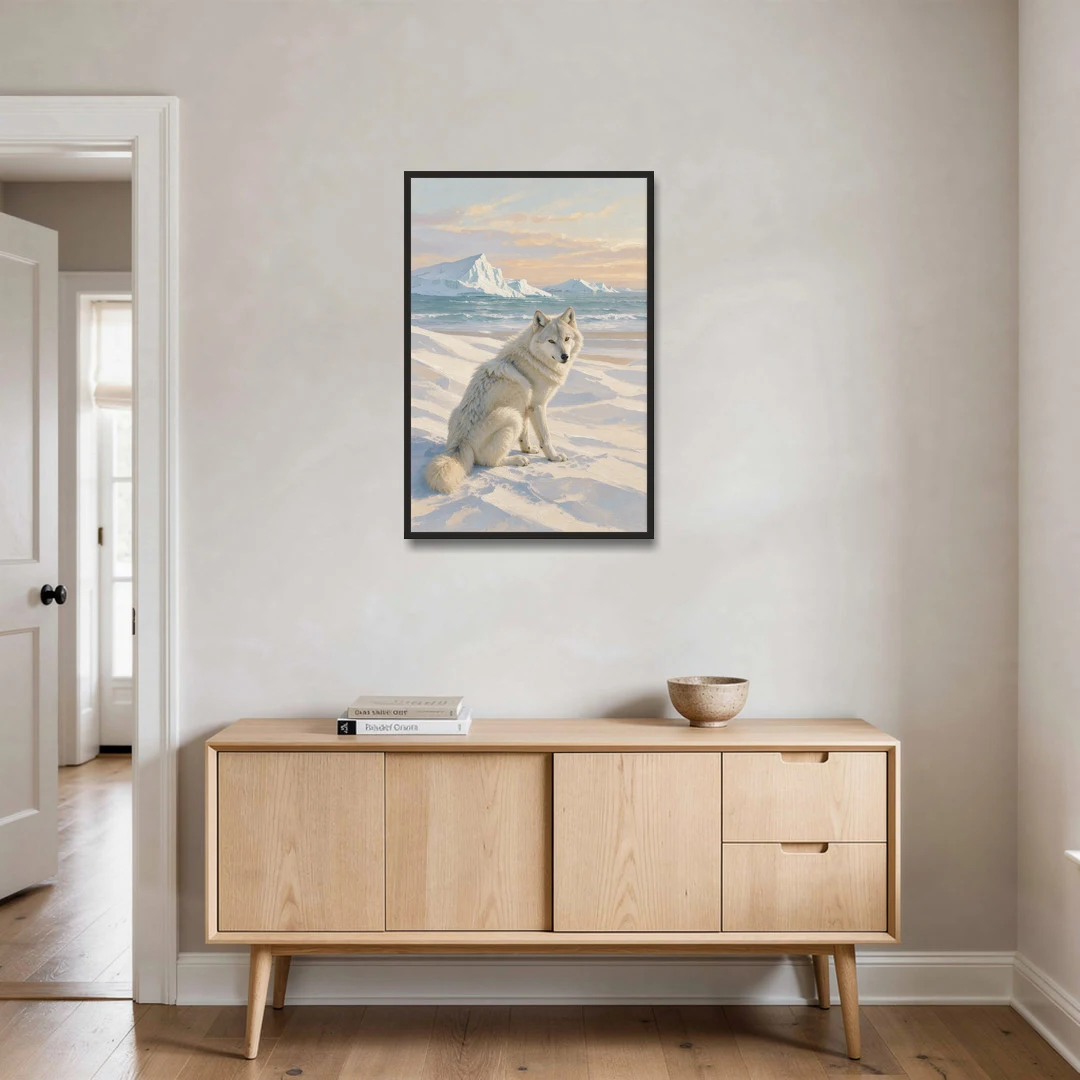 Impressionist Arctic Wolf Glancing Back at Icebergs - Black Framed Canvas Wall Art - Coffee Table - 24x36