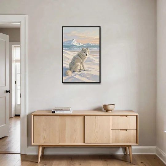 Impressionist Arctic Wolf Glancing Back at Icebergs - Black Framed Canvas Wall Art - Coffee Table - 24x36
