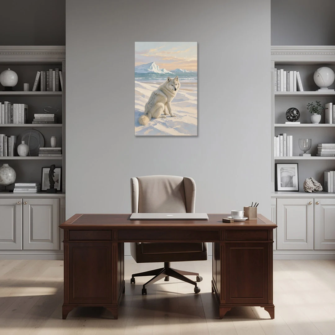 Impressionist Arctic Wolf Glancing Back at Icebergs - Canvas Wall Art - Office - 24x36