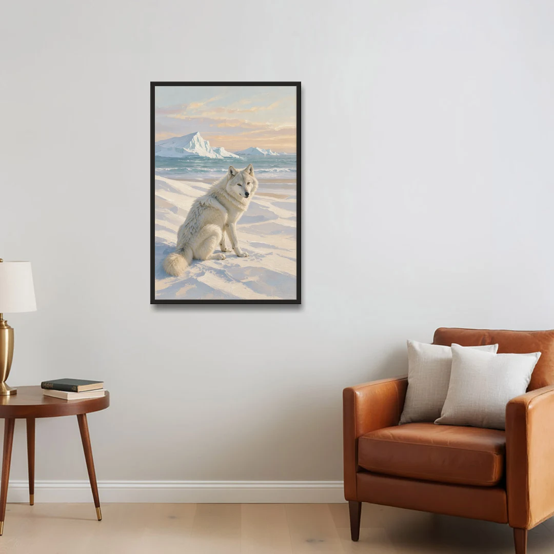 Impressionist Arctic Wolf Glancing Back at Icebergs - Black Framed Canvas Wall Art - Sofa - 24x36