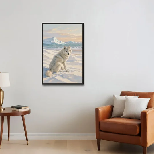 Impressionist Arctic Wolf Glancing Back at Icebergs - Black Framed Canvas Wall Art - Sofa - 24x36