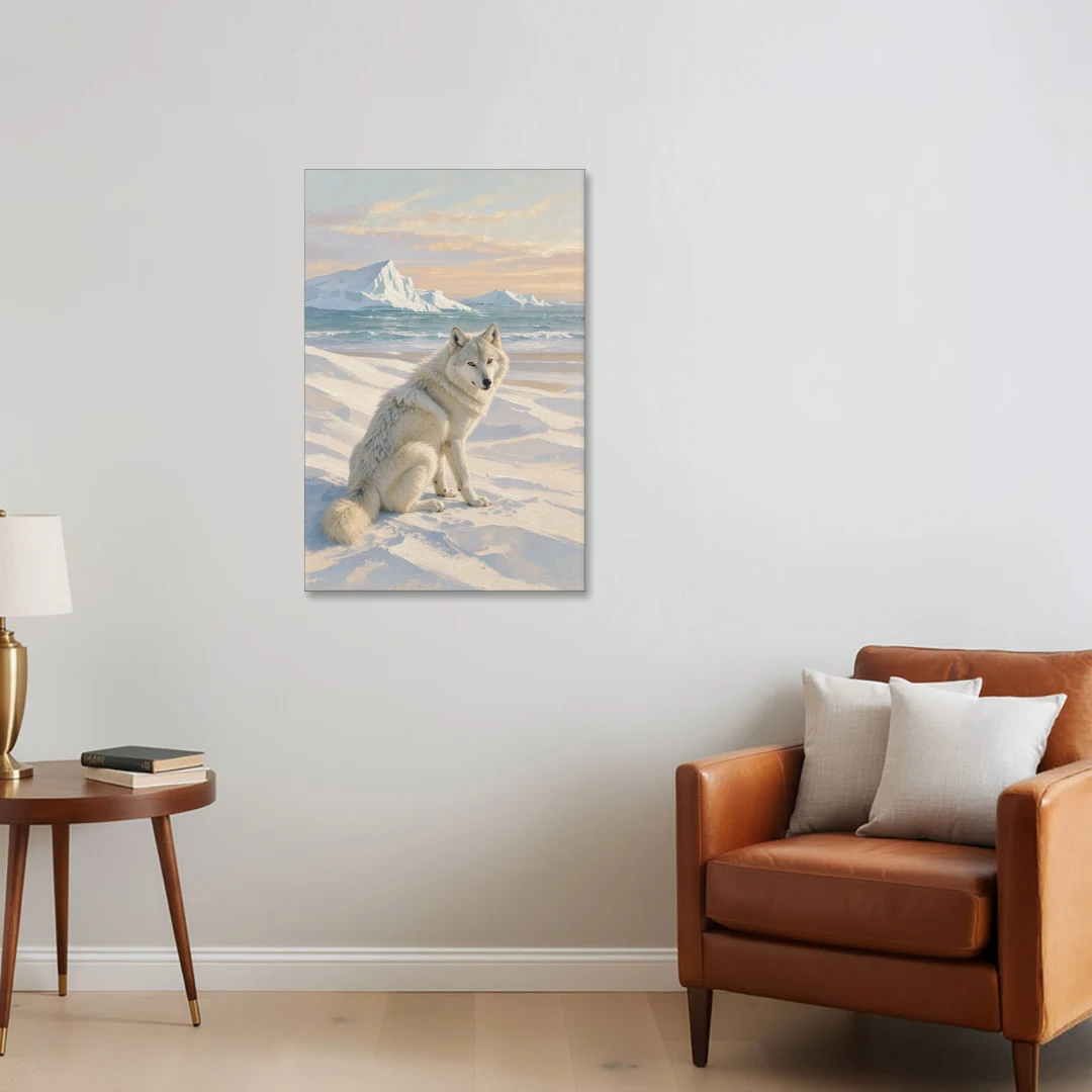 Impressionist Arctic Wolf Glancing Back at Icebergs - Canvas Wall Art - Sofa - 24x36