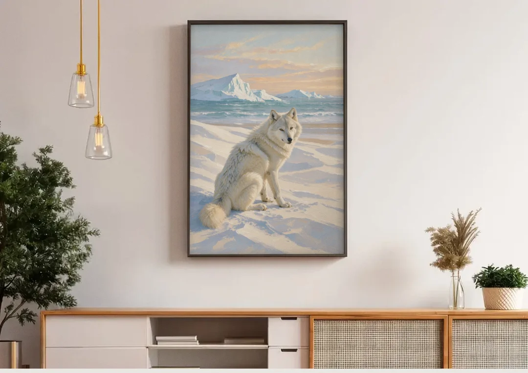 Impressionist Arctic Wolf Glancing Back at Icebergs canvas wall art above a wooden sideboard under pendant lights