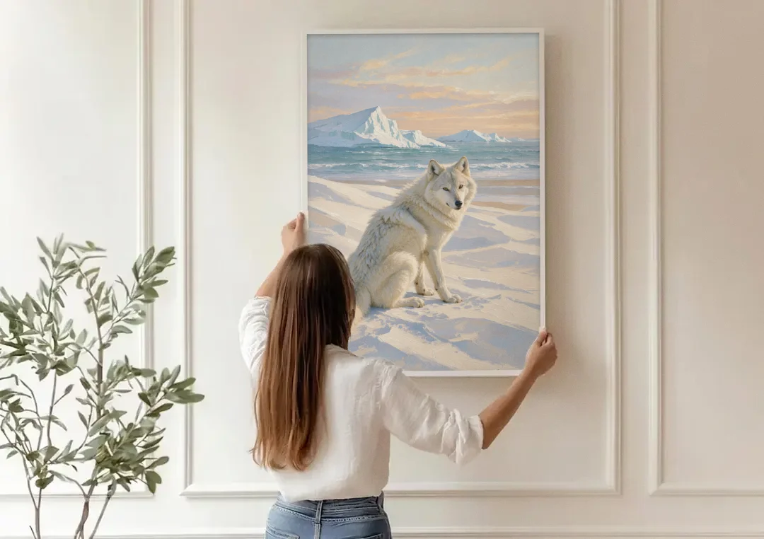 Impressionist Arctic Wolf Glancing Back at Icebergs canvas wall art being hung on a paneled wall