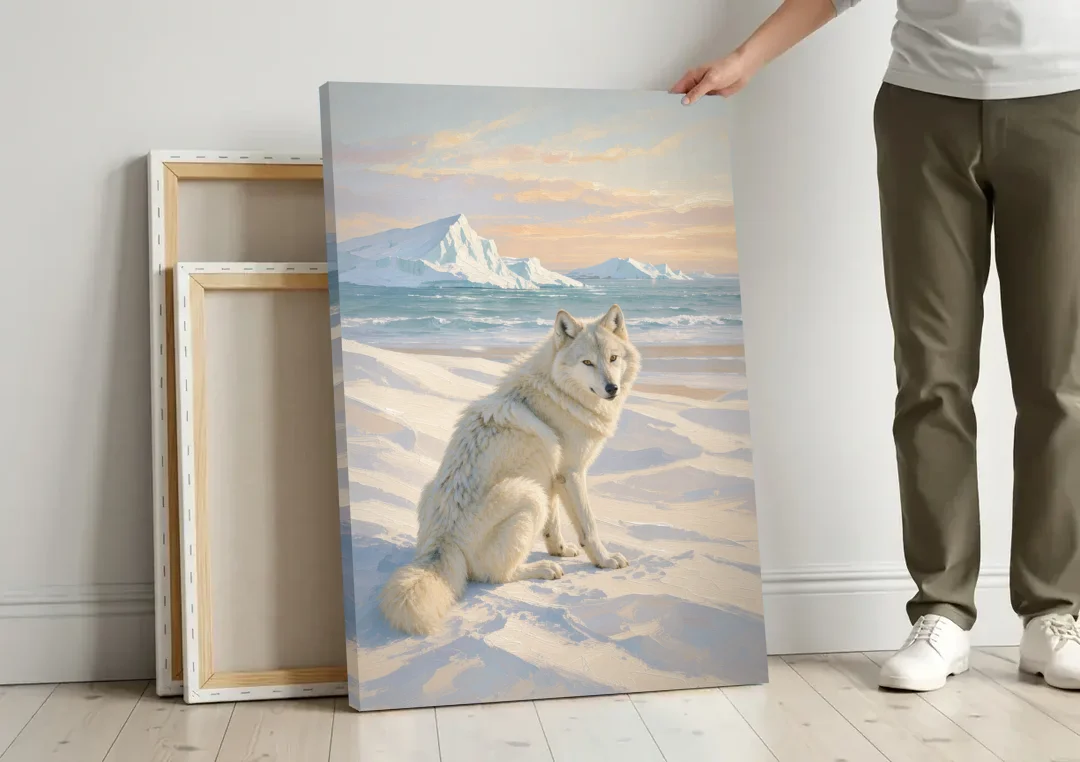 Impressionist Arctic Wolf Glancing Back at Icebergs canvas wall art leaning against a wall next to blank canvases