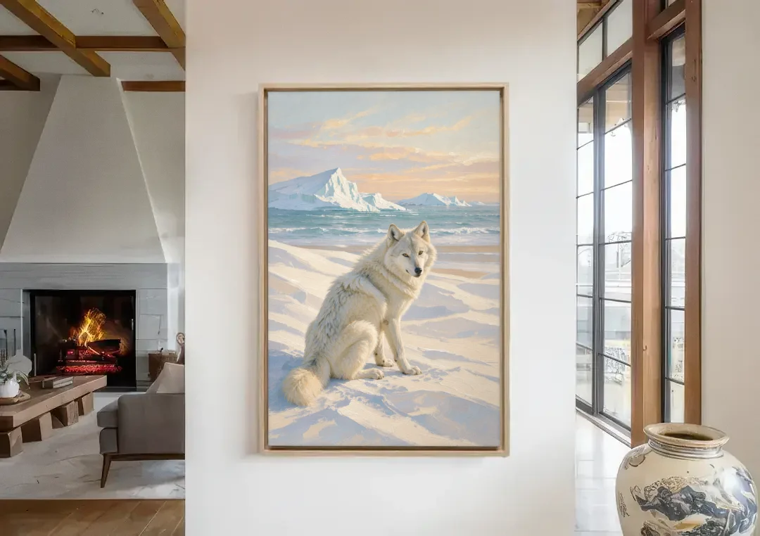 Impressionist Arctic Wolf Glancing Back at Icebergs canvas wall art in a living room with a fireplace