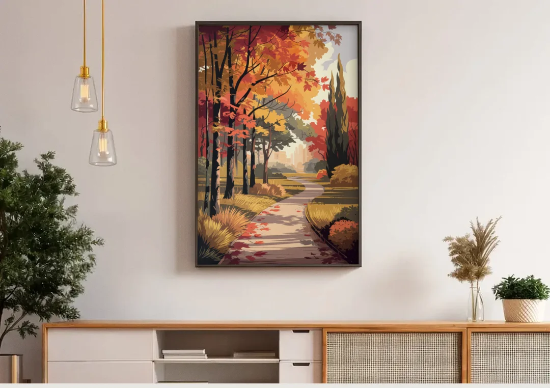 Arlington Autumn Colors canvas wall art above a wooden sideboard under pendant lights