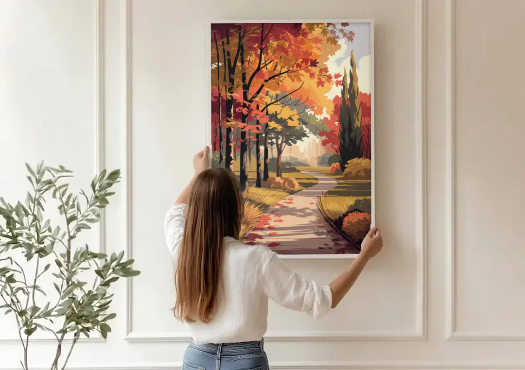 Arlington Autumn Colors canvas wall art being hung on a paneled wall