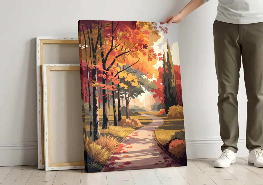 Arlington Autumn Colors canvas wall art leaning against a wall next to blank canvases