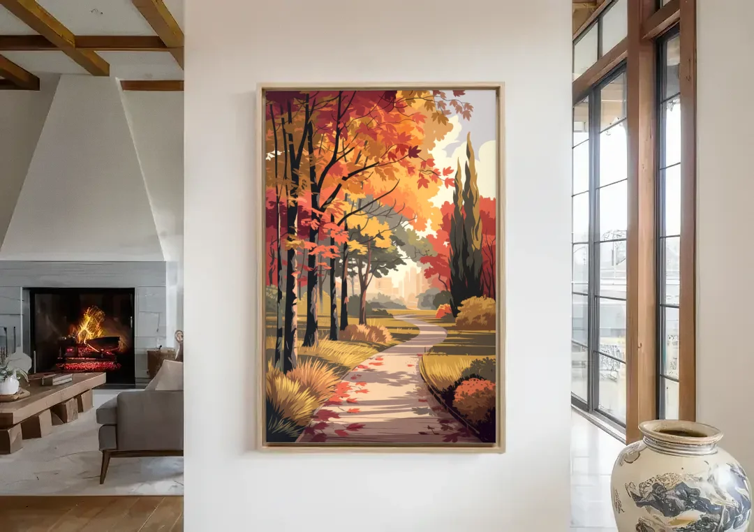 Arlington Autumn Colors canvas wall art in a living room with a fireplace