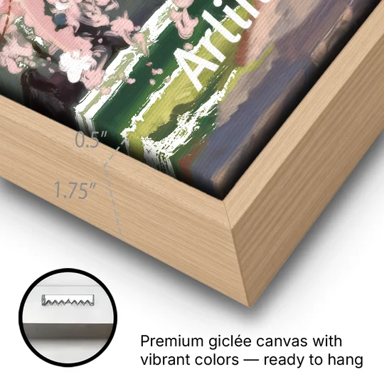 Arlington Cherry Blossoms - Oak Framed Canvas Wall Art - Gallery Wrap Corner