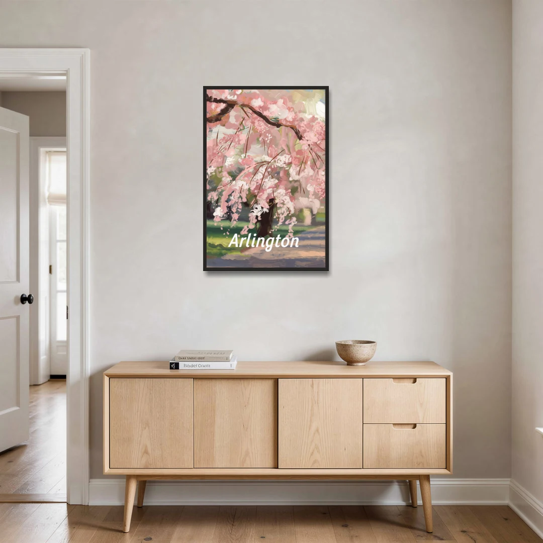 Arlington Cherry Blossoms - Black Framed Canvas Wall Art - Coffee Table - 24x36