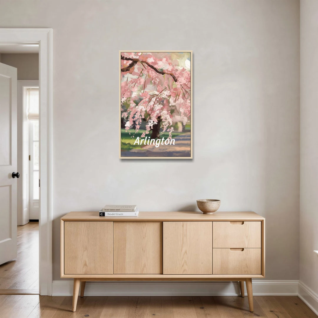 Arlington Cherry Blossoms - Oak Framed Canvas Wall Art - Coffee Table - 24x36
