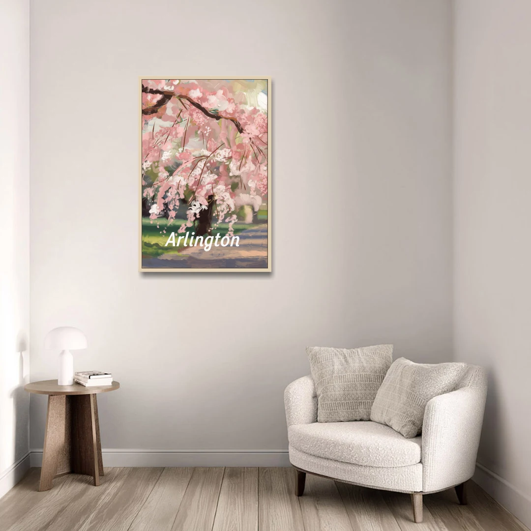 Arlington Cherry Blossoms - Oak Framed Canvas Wall Art - Sofa - 24x36