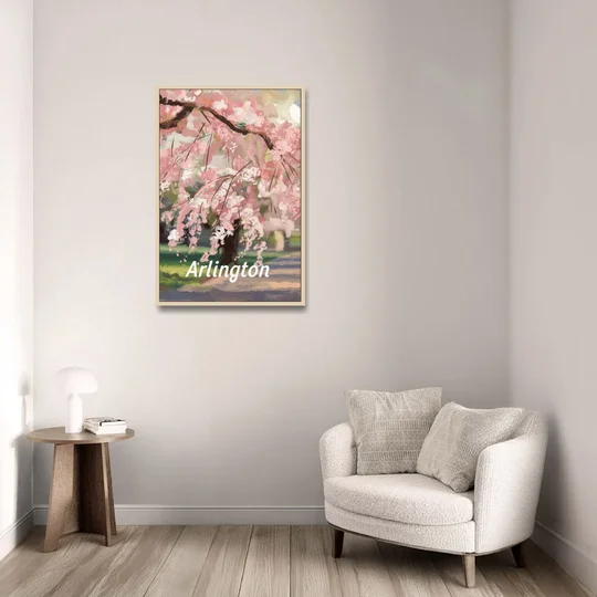 Arlington Cherry Blossoms - Oak Framed Canvas Wall Art - Sofa - 24x36