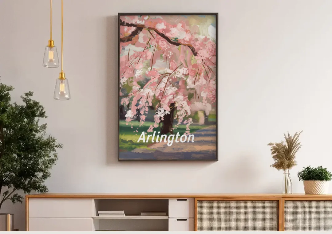 Arlington Cherry Blossoms canvas wall art above a wooden sideboard under pendant lights