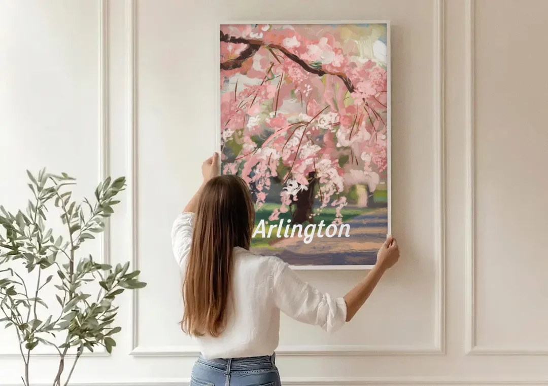 Arlington Cherry Blossoms canvas wall art being hung on a paneled wall