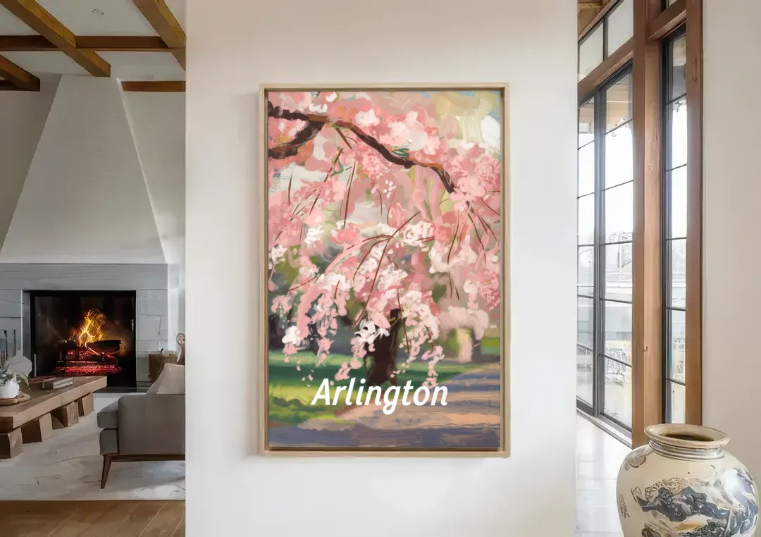 Arlington Cherry Blossoms canvas wall art in a living room with a fireplace