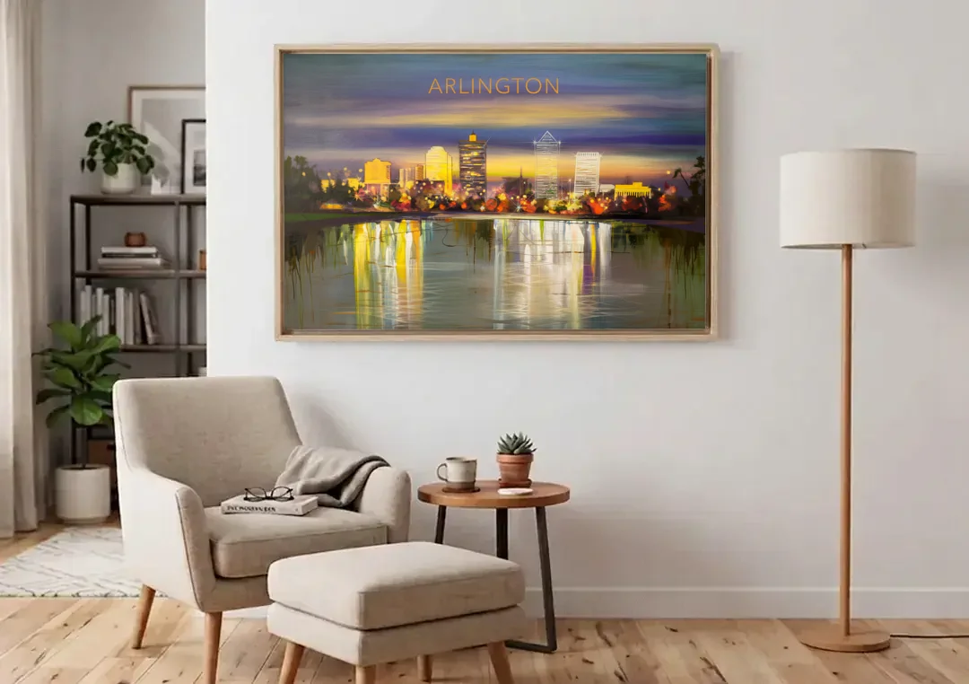 Arlington Cityscape Reflection canvas wall art above an armchair in a bright living room