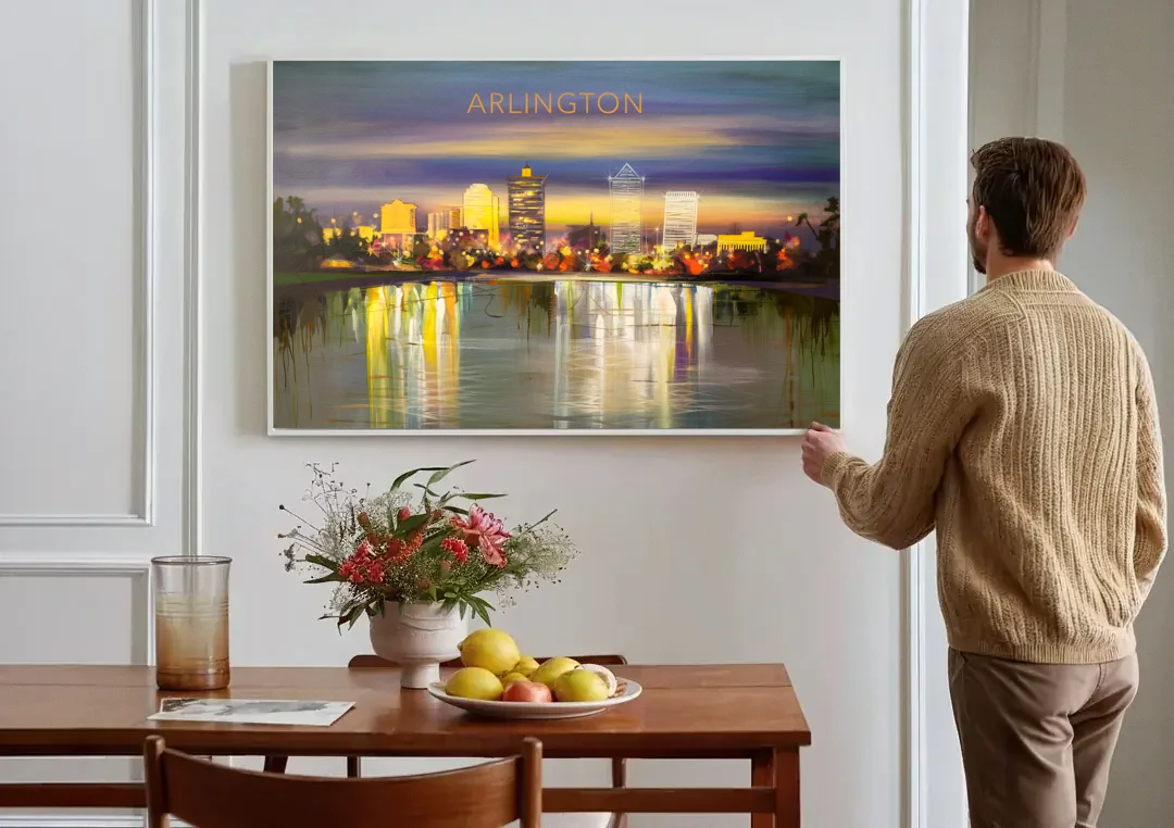 Arlington Cityscape Reflection canvas wall art above a dining table